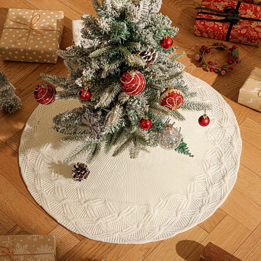 Cross-border Christmas Hot Seller White Knit Texture Christmas Tree Skirt, Christmas Tree Base Decoration, Festive Atmosphere