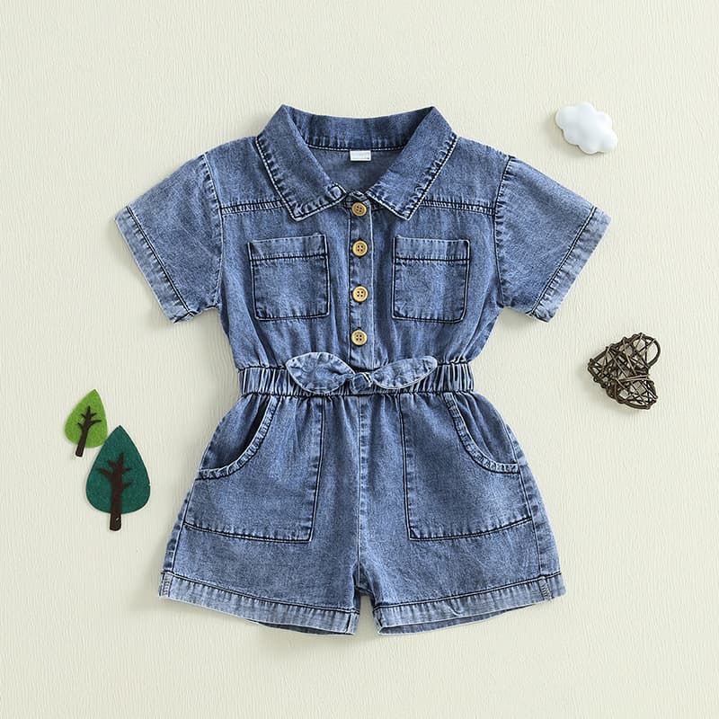 Girls Denim Romper Summer Fashionable Shorts Jumpsuit for Toddlers and Kids Solid Color Casual Wear