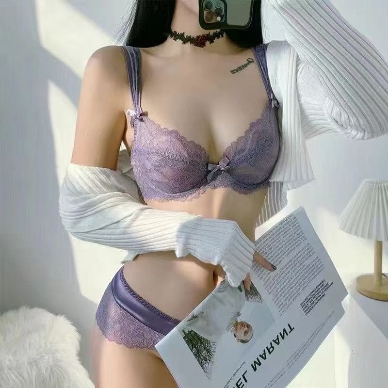 French Sexy Underwear Soft Steel Ring Support Top-Up Anti-Sagging Thin Push-Up Breathable Lace Bra Set