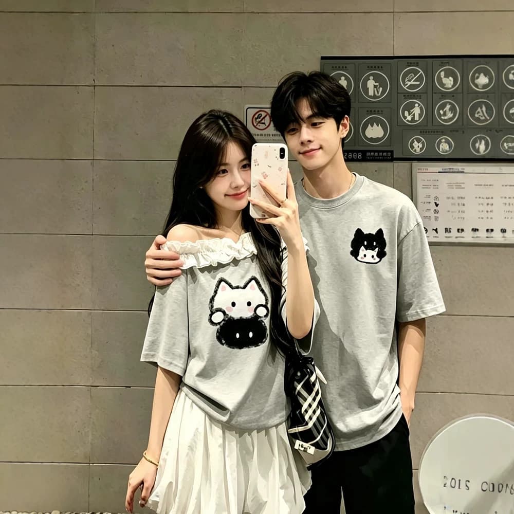 Couple Matching Cotton Short Sleeve T-Shirt Summer Oversize Unique Design Men and Women Top Student Streetwear Class Uniform