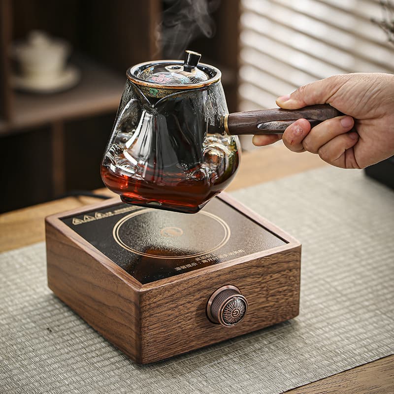 Walnut Electric Ceramic Cooktop Home Indoor Thick Glass High Temperature Resistant Tea Pot Tea-water Separation Tea Maker Side-handle Pot
