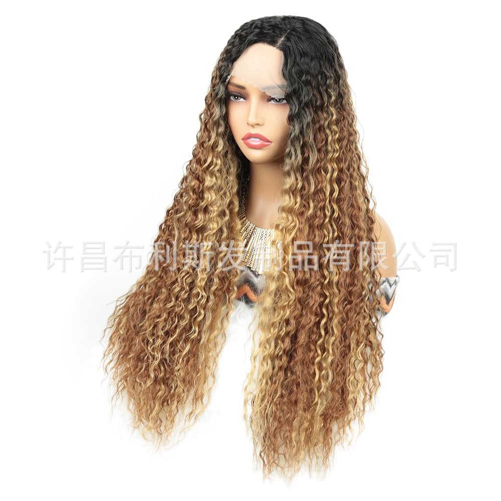 Cross-border wig Tpart Lace Wig wig fluffy natural chemical fiber long curly hair natural head cover partial lace