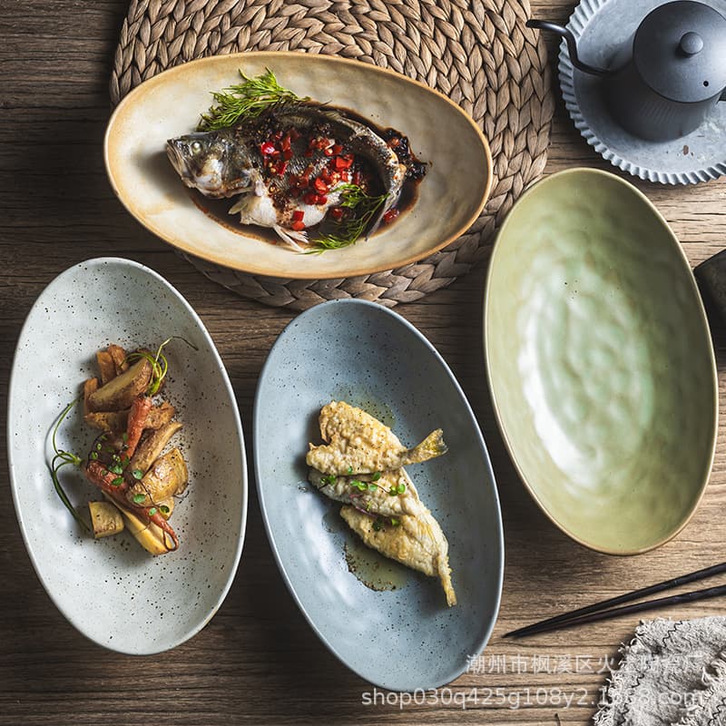 Japanese-style coarse ceramic oval retro salad bowl, creative irregular-shaped bowl, large deep bowl, home fruit bowl, vegetable bowl