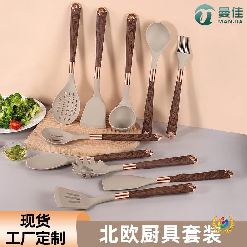 New Silicone Wood Grain Kitchen Utensils 12-Piece Set Non-Stick Spatula Spoon Heat-Resistant Coated Handle Kitchen Set