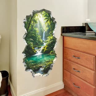 3D Broken Wall Tropical Rainforest Waterfall Wall Sticker for Bedroom Living Room Entryway Home Decorative Self-Adhesive Wholesale
