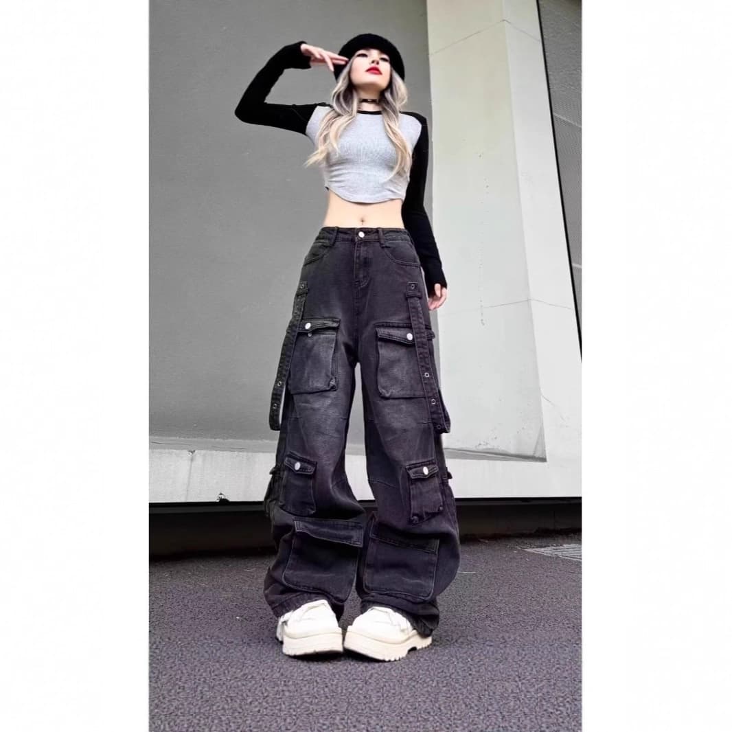 Retro Wide Leg Men's Jeans Heavy Duty American Street Hiphop Workwear Straight Leg Trousers Multiple Pockets Loose Fit
