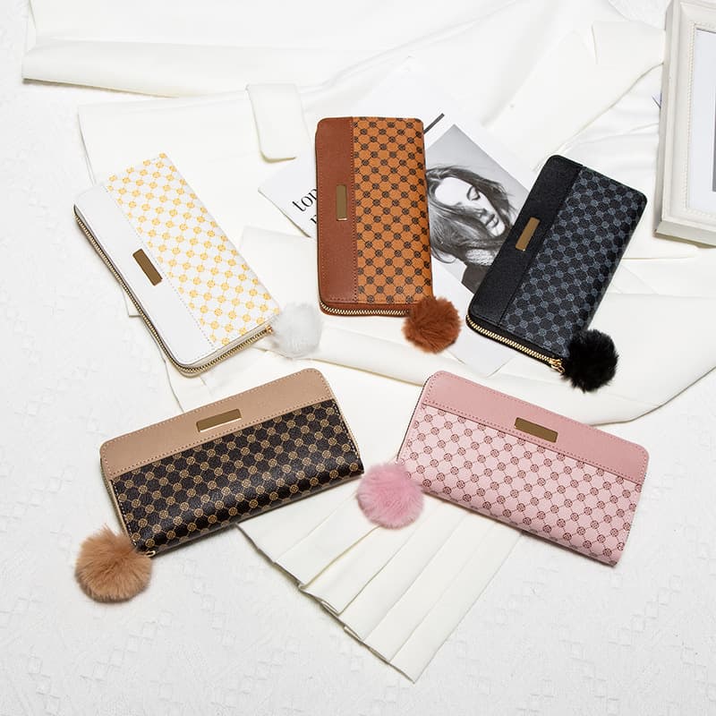 Women's Long Double-Layer Color-Blocked Wallet Export 2025 Summer New Style Personalized with Fur Ball Multi-Card Slot Clutch