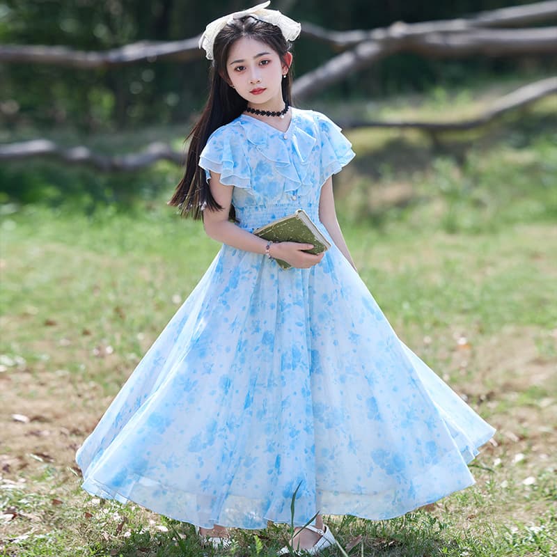 Girls Summer Dress 2026 New Style Floral Princess Long Dress for Older Children Little Girl Summer Beach Dress