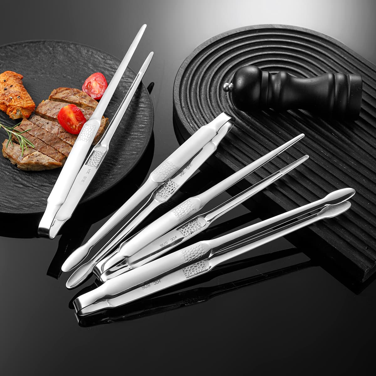 304 Stainless Steel Water Cube Pointed BBQ Tongs Korean Steak Tongs Food Buffet Tongs Outdoor Cooking Tongs