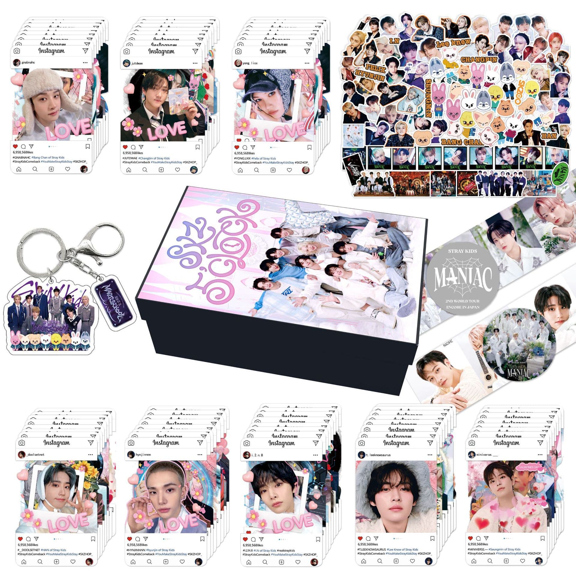 StrayKids Keychain Sticker Photocard Set Hwang Hyunjin Cartoon Merch Lanyard