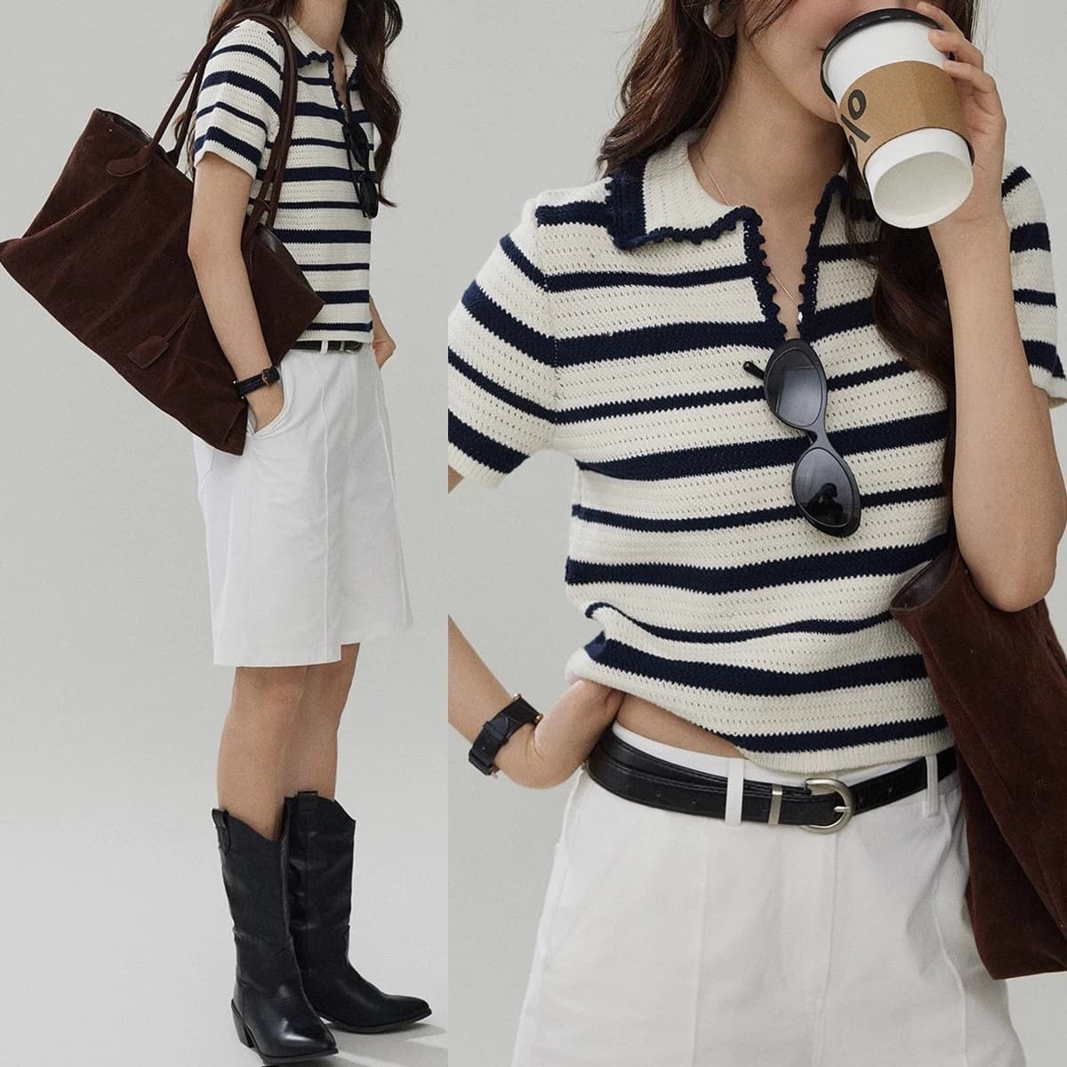 Joli Chose Contrast Stripe Knit Short Sleeve T-Shirt for Women Summer Polo Neck Casual Commute Versatile Top