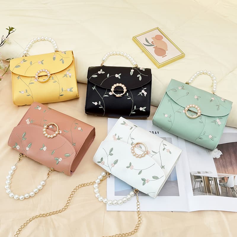 Minimalist Fashion Pearl Small Square Bag for Women, 2025 New Embroidered Pearl Magnetic Button Chain Single Shoulder Crossbody Bag