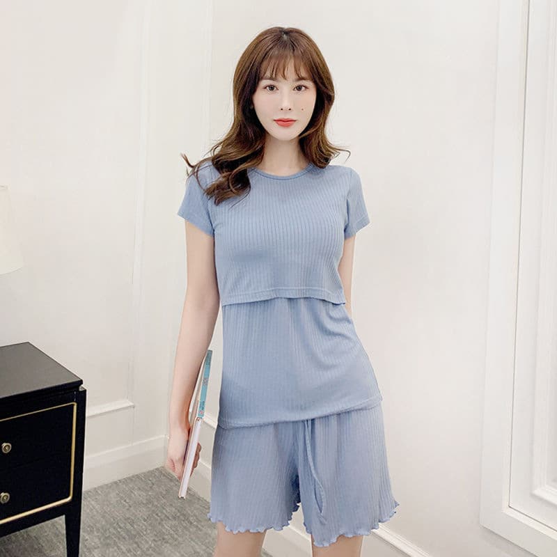 Maternity Dress Nursing Sleepwear Short Sleeve Summer Thin Breastfeeding Top Mid-Length Postpartum