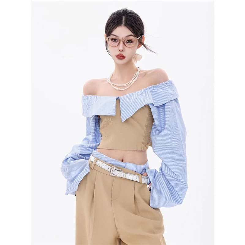 2025 Fashionable and Alluring Strapless Two-Piece Striped Patchwork Long-Sleeved Shirt with Casual Wide-Leg Pants - Korean Style Women's Outfit