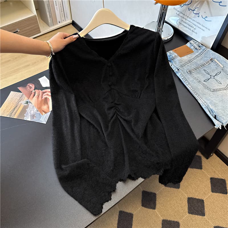 V-neck, other patchwork fleece-lined shirt for women, new autumn 2025 style, loose fit, slimming, versatile long-sleeved base layer.