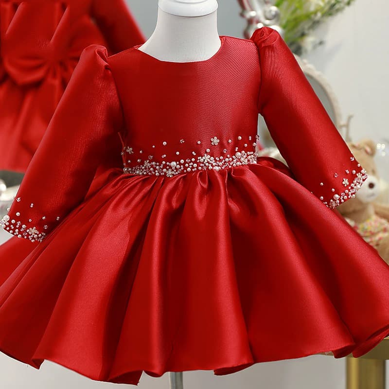 Children's Princess Dress High-End Red Piano Performance Dress for Girls Host Birthday First Birthday Spring
