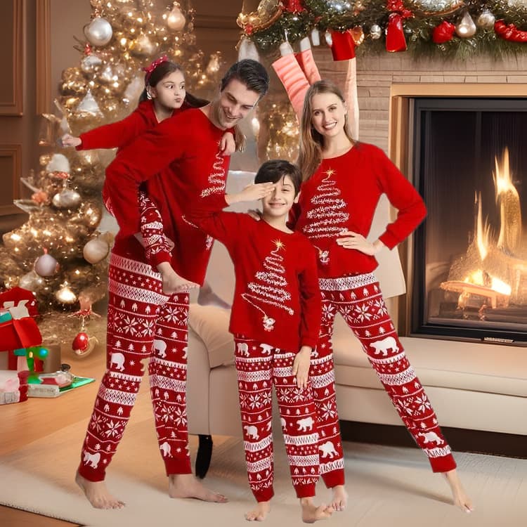 Cross-border Cotton Christmas Family Matching Pajamas Set for Parents and Kids, Autumn and Winter Homewear
