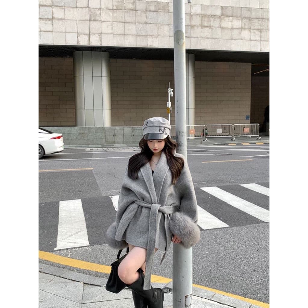 Foreign trade style woolen sleeve coat, waisted autumn lace-up woolen coat, short style, high-end sense, loose coat, gray for women