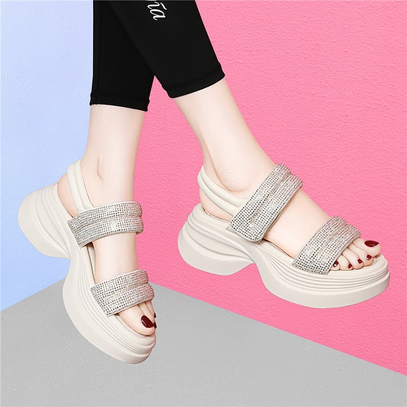 Casual Chunky Sandals for Women 2026 Summer New Rhinestone Platform Wedge Height Roman Beach Sandals Fashion