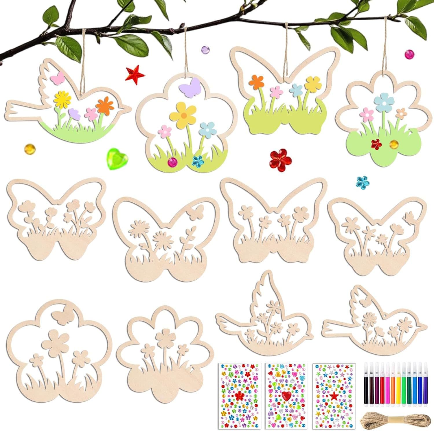 Unfinished Harvest Festival Autumn Decoration Butterfly Flowers and Birds Painting Hanging Decoration DIY Wooden Pendant Handmade Material Package