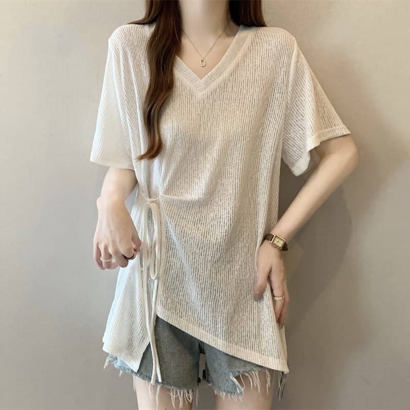 Textured V-Neck Short-Sleeve T-Shirt for Women, Spring/Summer 2026, Plus-Size Irregular Waist-Cinching Mid-Length Top