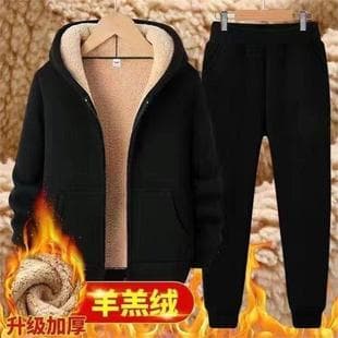 Lambswool Fleece Hoodie for Men, Autumn Winter Thick Lined Zip-Up Hooded Casual Sports Jacket, Spring Two-Piece Set