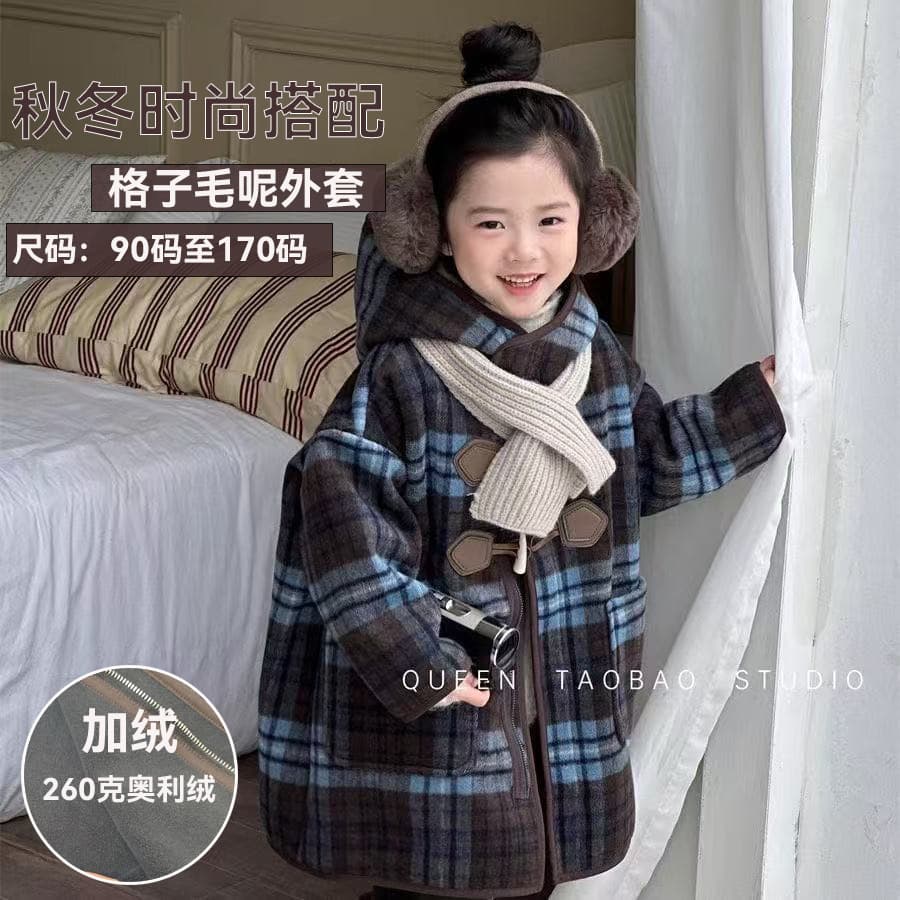 Korean Girls' Fleece-Lined Hooded Plaid Wool Coat 2025 Winter New Arrival Baby Fashion Long Integrated Fleece Jacket