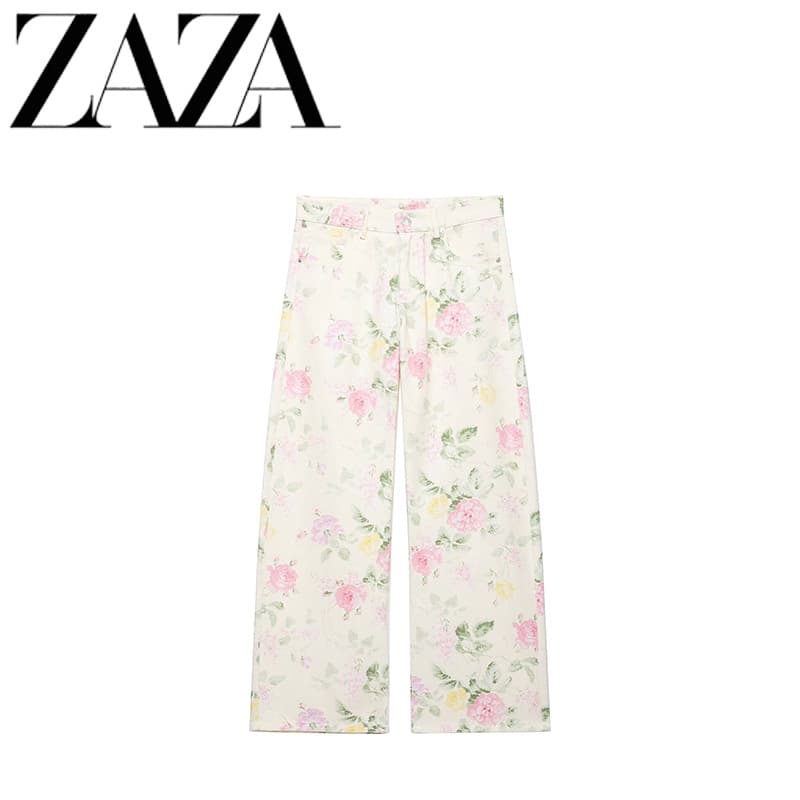 ZAZA homemade European and American style wholesale women's clothing, fashionable and versatile low-waisted loose floral wide-leg jeans