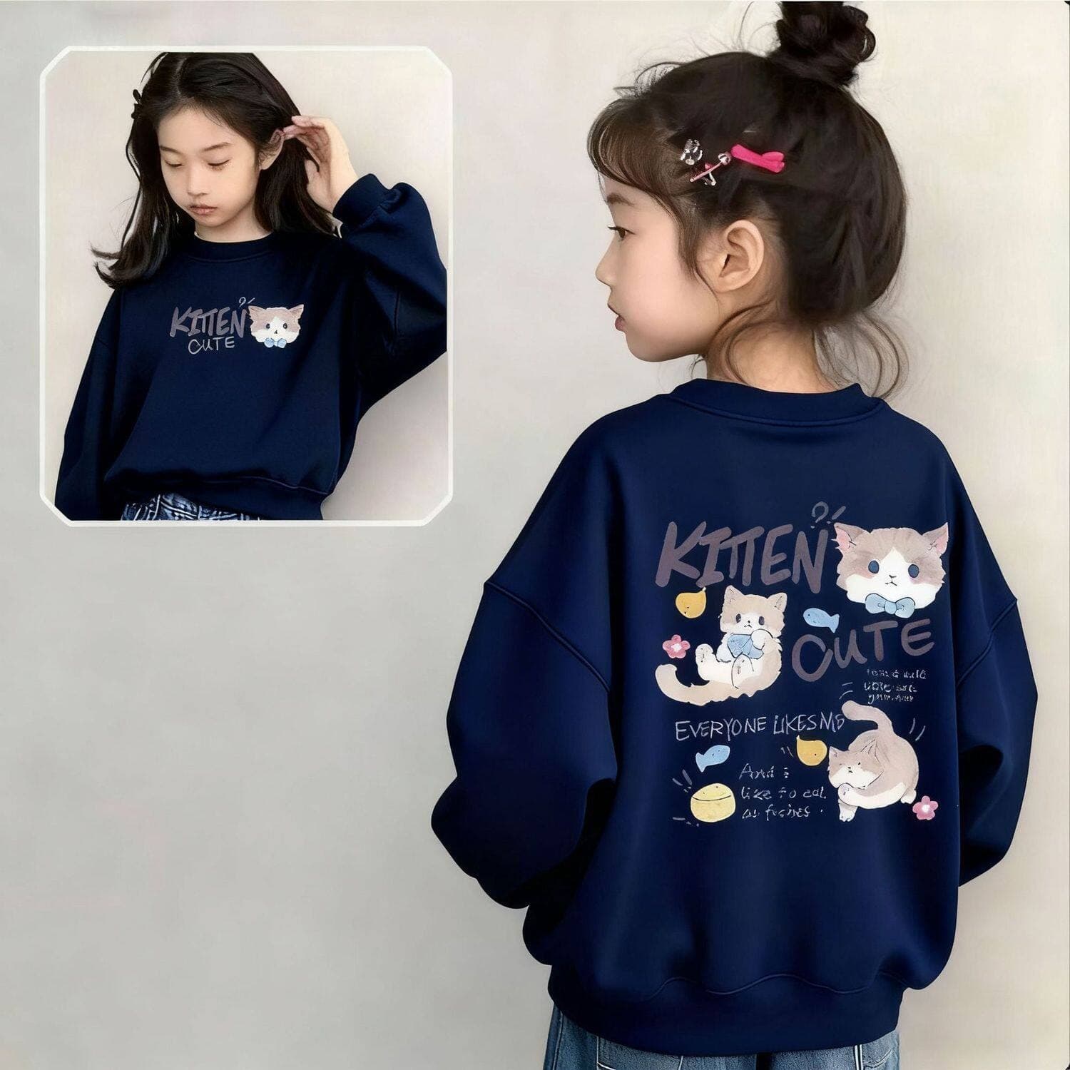 Children's sweatshirt spring and autumn 2026 new style girls' fashionable and cute cat print round neck children's long-sleeved tops