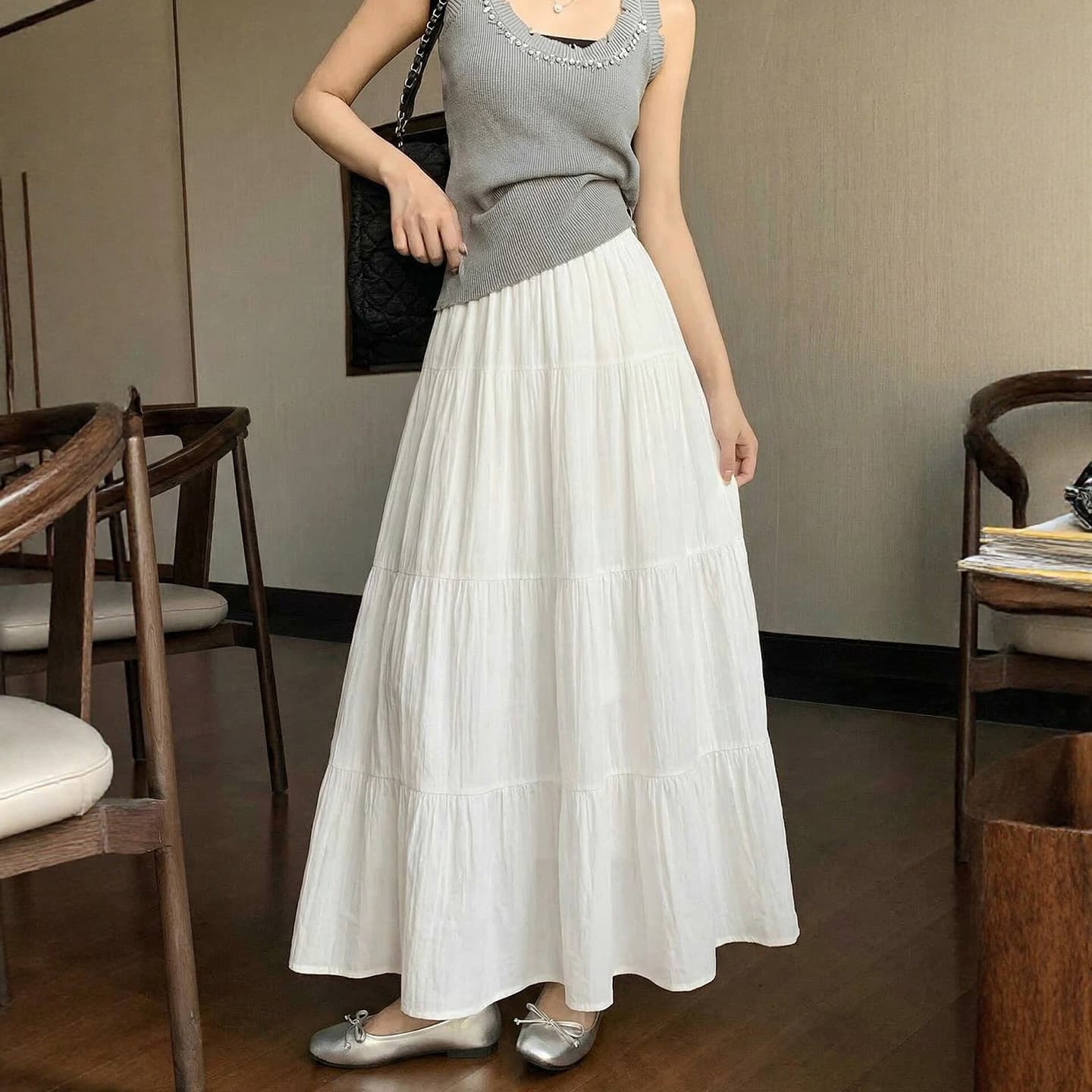 Women's White Half Skirt 2026 New Spring Summer High Waist Flared Long A-Line Skirt Petite Tiered Skirt