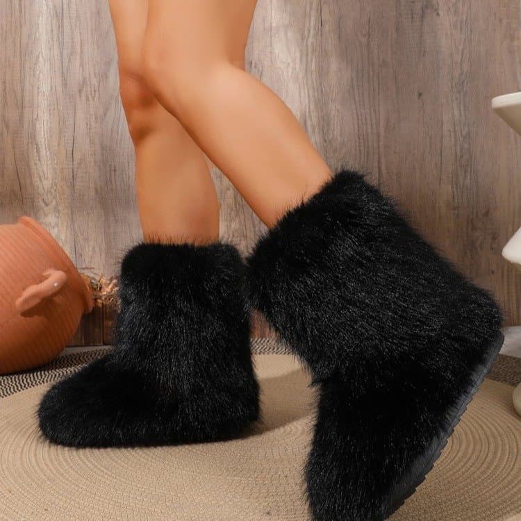 2026 new winter furry snow boots for women, mid-calf plus velvet thickened boots, warm mid-calf boots