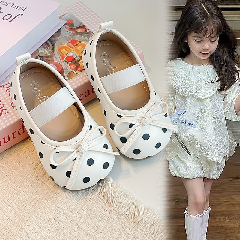 Girls Polka Dot Mary Jane Shoes Soft Sole Princess Shoes Spring Autumn Bow French Elegant Single Shoes Children's Leather Shoes