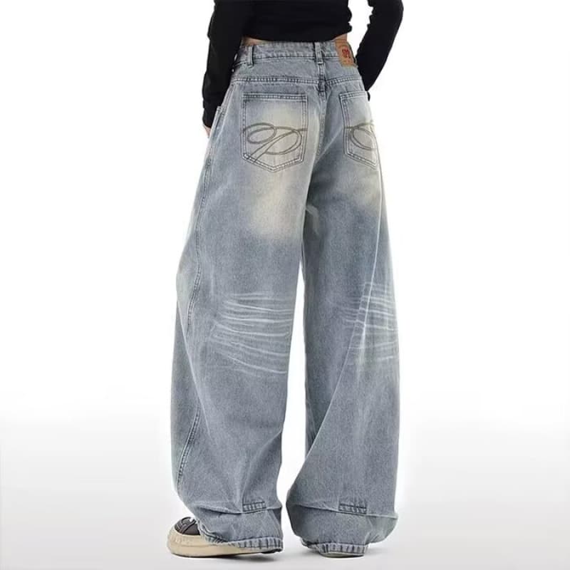 Plus Size Women's Blue Simple Style Jeans for Curvy Women, High Street Vibe Wide Leg Pants