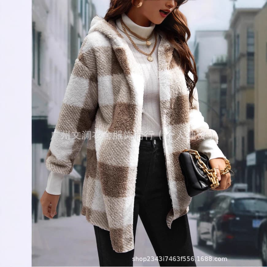 Loose Knitted Plaid Color Block Women's Open Cardigan Fashionable Sweater Outerwear New 2025 Cross-Border Style