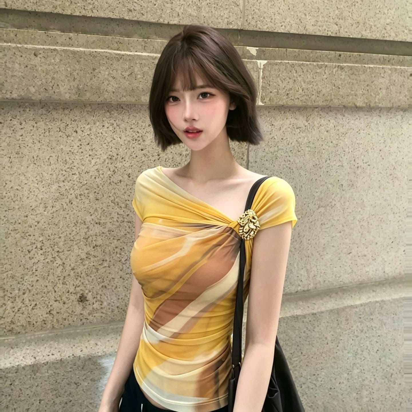 Gentle Style Yellow-Brown Color-Block Asymmetric Slant Neck T-Shirt Women Summer New Metal Button Pleated Waist-Slimming Fitted Top