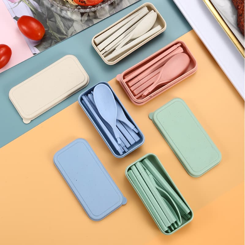 Wheat Foldable Portable Cutlery Set Creative Folding Chopsticks Fork Spoon Student Plastic Tableware