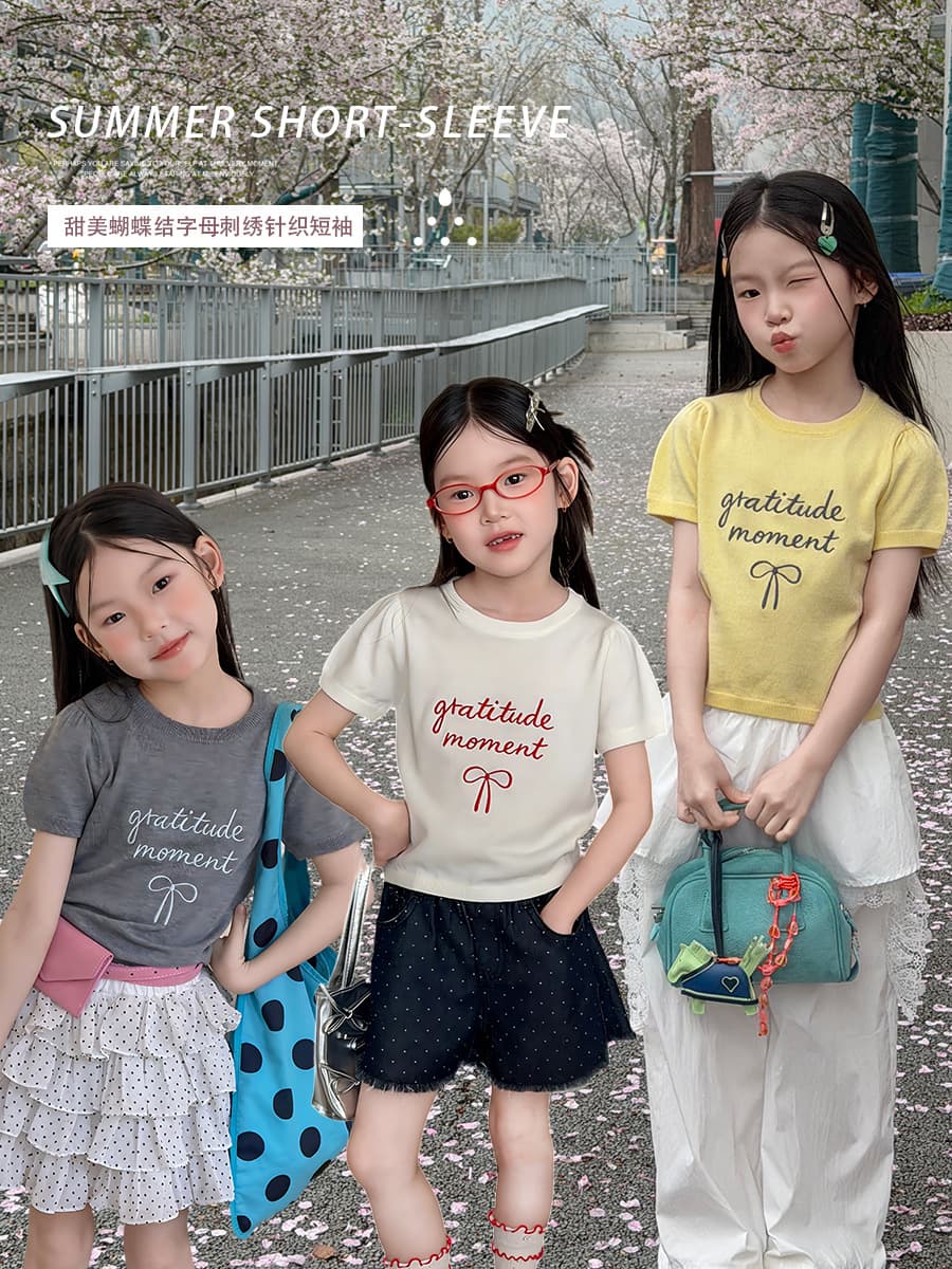 Elmo Beibei Girls Summer Thin Knitted T-Shirt Top Children's Korean Style Cute Embroidered Letter Bow Short Sleeve