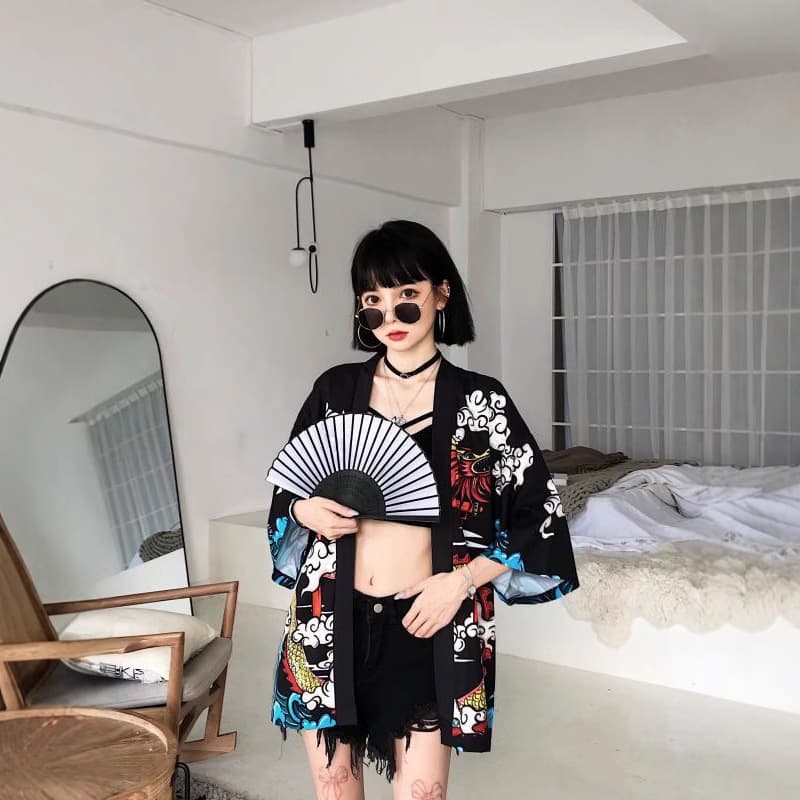 Cartoon Anime Maneki-neko Cute Bright Red Kimono Cardigan Thin Jacket Summer Sun Protection Cover-up Open Front Kimono