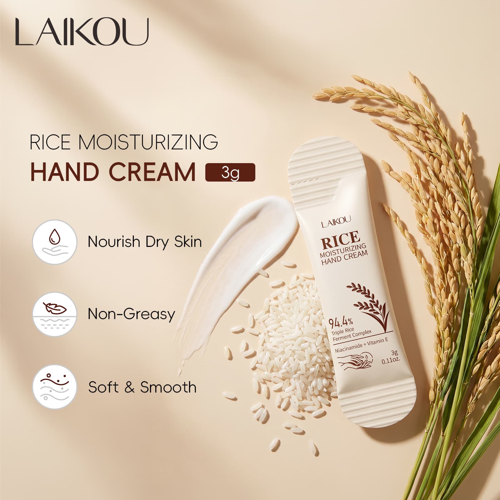Cross-Border LAIKOU Rice Hand Cream 3g Moisturizing Hand Cream Nourishing Plant Hand Cream Export Stock