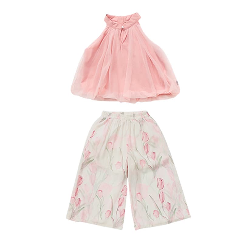 Girls' Floral Set Summer 2025 New Stylish Fashion Baby Girls' Mesh Vest Wide-Leg Pants Two-Piece Set Trendy