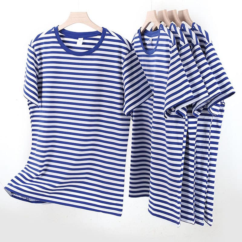 Plain Cotton Striped T-Shirt for Men, Navy Blue and White Striped Short Sleeve Summer Top, Sports and Military Training Shirt for Women