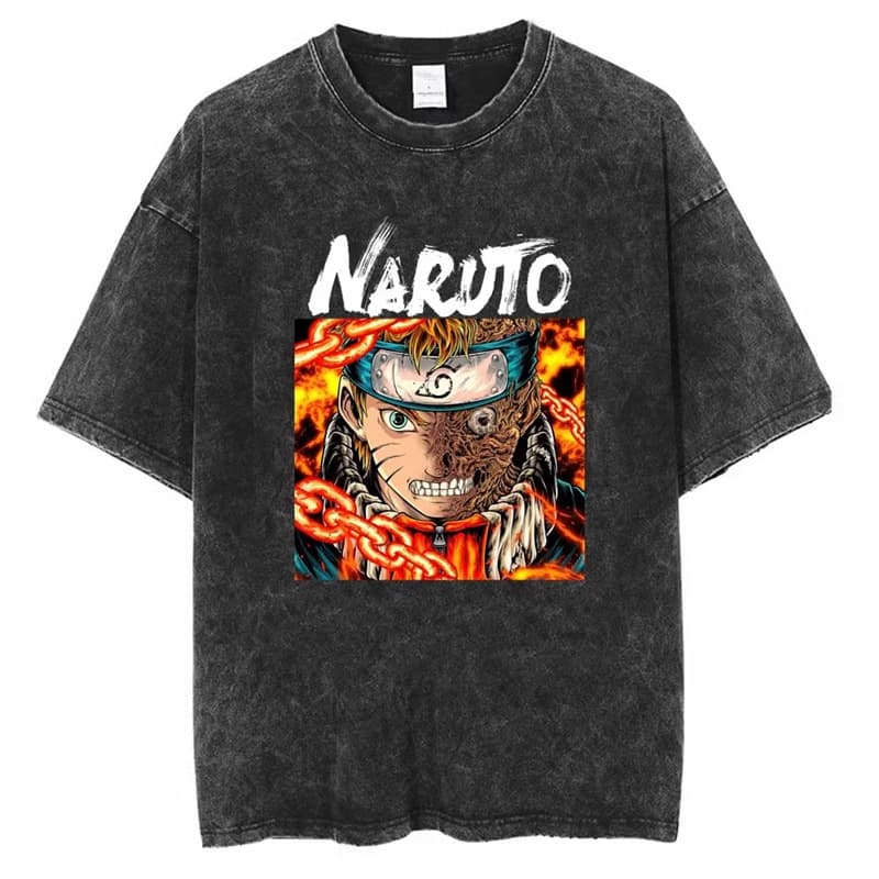 Harajuku Street Naruto Anime Merchandise Washed Short-Sleeve T-Shirt Men's Summer Distressed Vintage