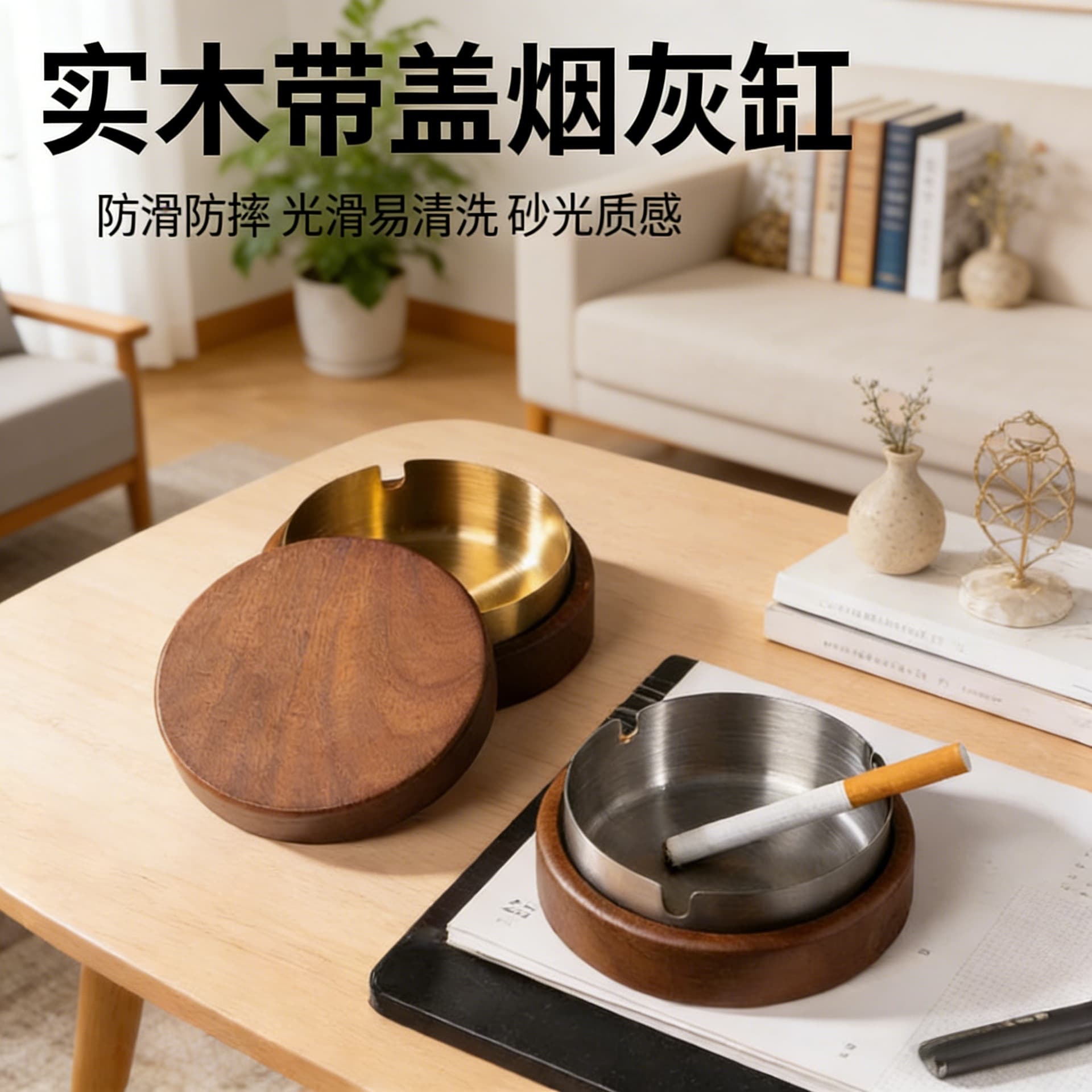 Solid wood walnut color ashtray with cover to prevent fly ash for home office Nordic light luxury living room hotel restaurant ashtray