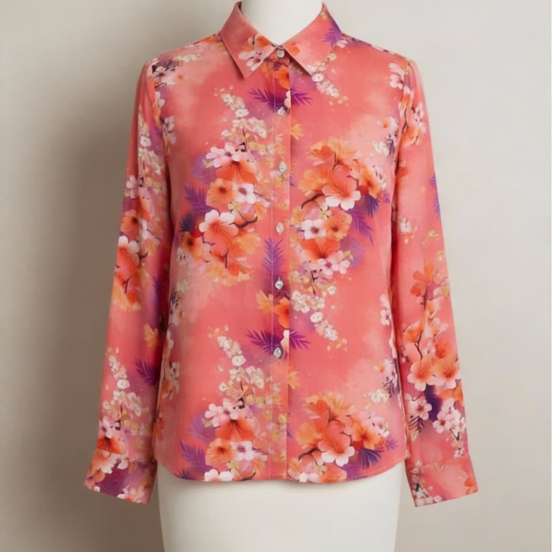 Retro floral red printed shirt women's long-sleeved autumn new loose top casual versatile shirt