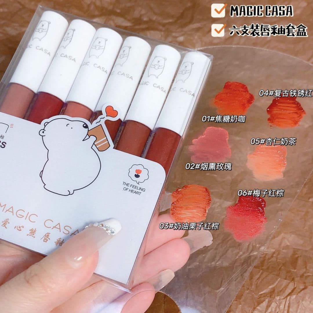 MAGIC CASA Love Bear Lip Gloss Six-Piece Set Long-Lasting Lipstick Matte Moisturizing Lip Mud Drop Shipping Available