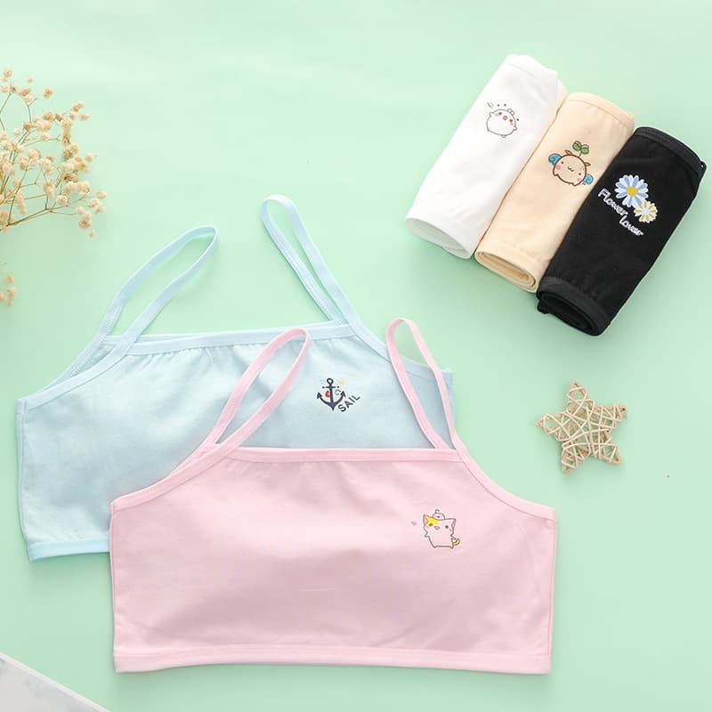 Pinduoduo Hot-Selling Developmental Adolescent Elementary School Student Tanks, Pure Cotton Underwear Bras for Girls, Cartoon Pattern Anti-Nipple Show