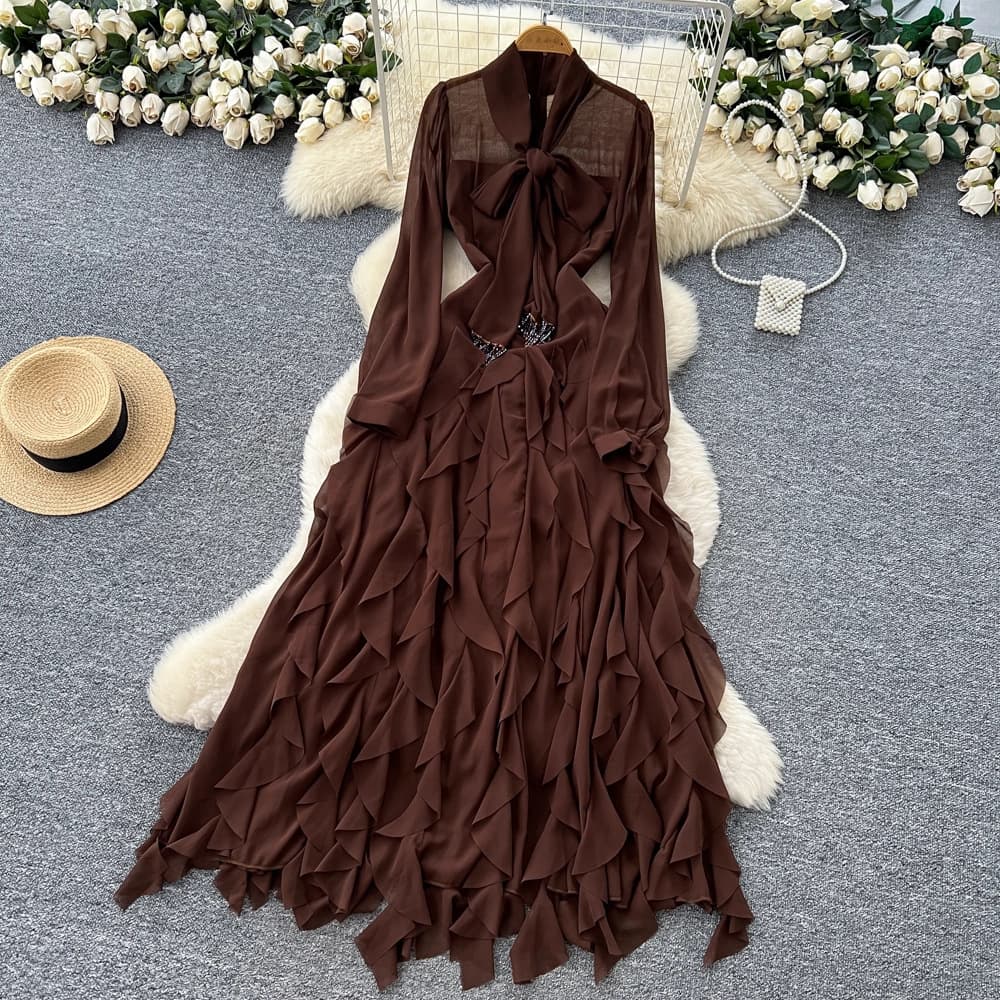 French Light Luxury Socialite Bow Tie Long Sleeve Waist Cinched Ruffle Dress Women Autumn Slimming Elegant Long Dress