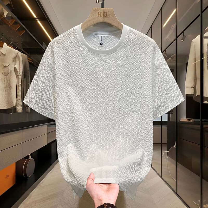 Summer Seersucker Premium Solid Texture Loose Round Neck Men's Short Sleeve New Casual Top T-Shirt
