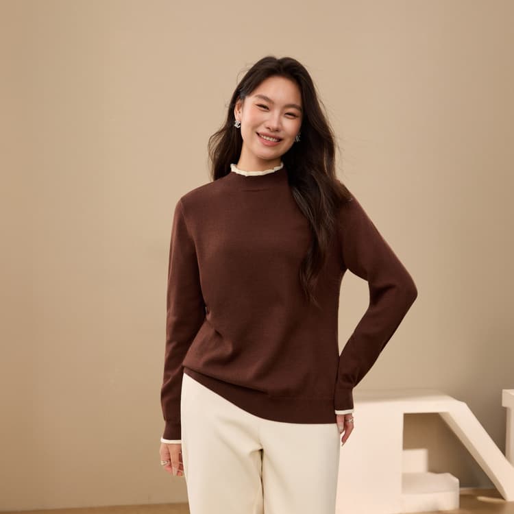【Youthful Ruffle-Trimmed Sweater】Xianlixiu Plus Size Women's Clothing Simple Semi-High Neck Base Shirt, New Winter Style for Curvy Girls