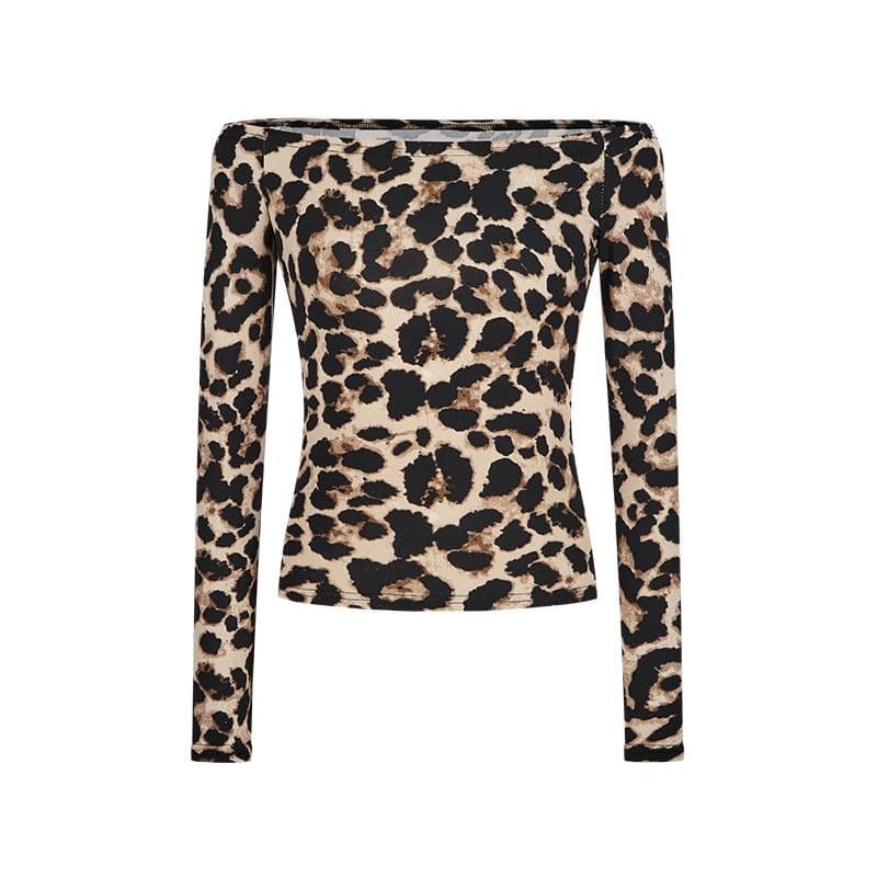 American Style Leopard Print Off-Shoulder Crop Top for Spring/Summer, Fitted Waist-Slimming Long Sleeve Tee for Women
